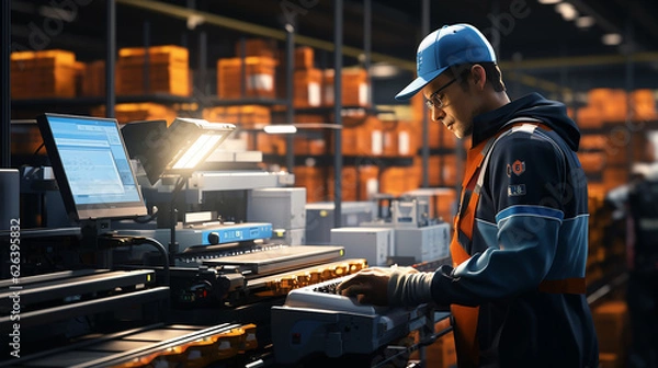 Fototapeta Human and Robotic Interaction in High-Tech Warehouse - Generative AI