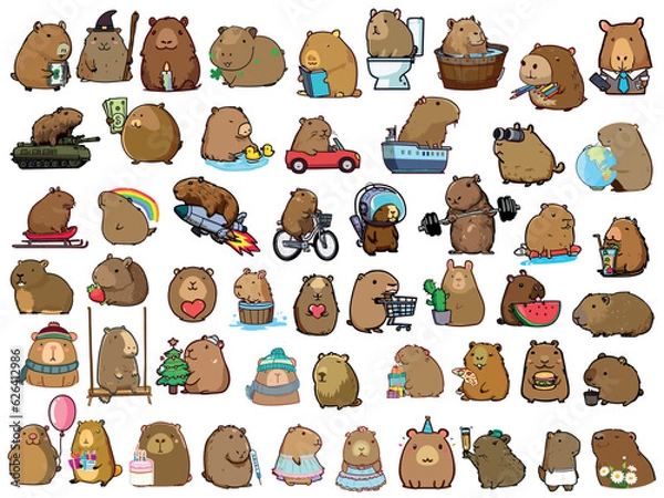 Fototapeta Capybara on a holiday, on vacation, at home, on transport, on a rocket, in space, with plants, a lot of vector drawings set.



