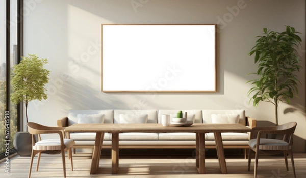 Fototapeta Large Blank Horizontal White Framed Poster Mockup on Living Room Wall, Modern Minimalist Interior Design Style, Cozy Decoration. Generative AI