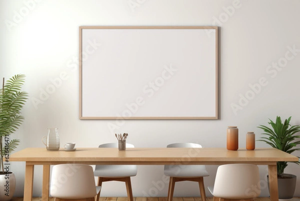 Fototapeta Large Blank Horizontal White Framed Poster Mockup on Dining Room Wall, Modern Minimalist Interior Design Style, Cozy Decoration. Generative AI