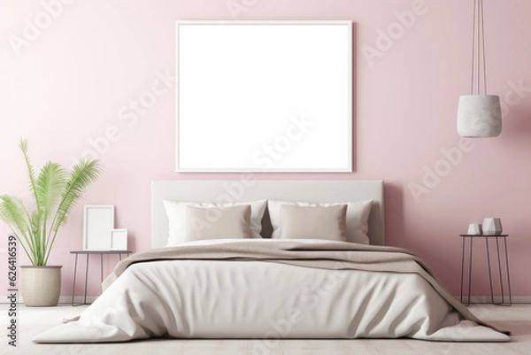 Fototapeta Large Blank Horizontal White Framed Poster Mockup on Girl BedRoom Wall, Modern Minimalist Interior Design Style, Pink Tones Decoration. Generative AI