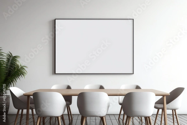 Fototapeta Large Blank Horizontal White Framed Poster Mockup on Office Meeting Room Wall, Modern Minimalist Interior Design Style, Cozy Decoration. Generative AI