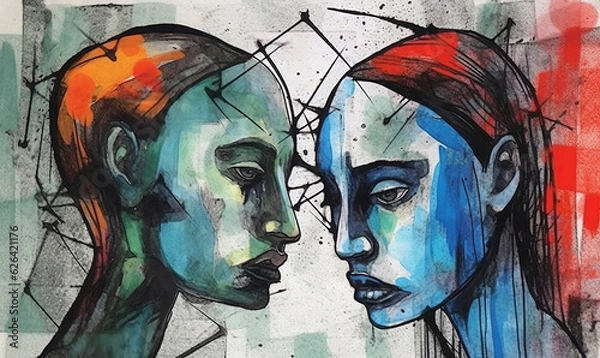 Obraz a modern painting of two sad faces in blue paint