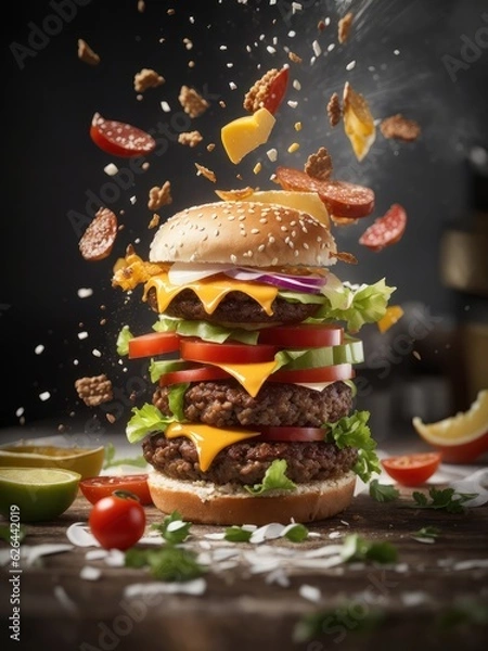 Fototapeta Illustration of a hamburger mid-air with cheese, lettuce, tomatoes, and onions
