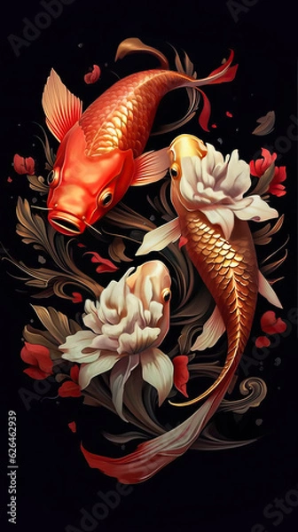 Obraz Traditional Chinese Koi with beautiful golden color and delicate patterns,an illustration of two koi fish on a black background,koi fish,koi fish in pond