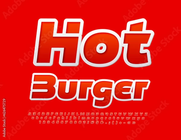 Fototapeta Vector modern emblem Hot Burger. Bright sticker Font. Decorative Alphabet Letters, Numbers and Symbols set