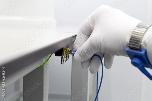 Fototapeta Bracelet on the hand of a man wearing ESD cloth and glove static resistance ESD bracelet or ground equipment, anti-static, used to safely ground is working. Semiconductor manufacturing.