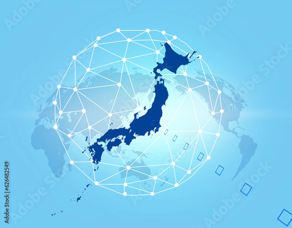 Obraz ブルーを背景に電子頭脳と日本地図と世界地図