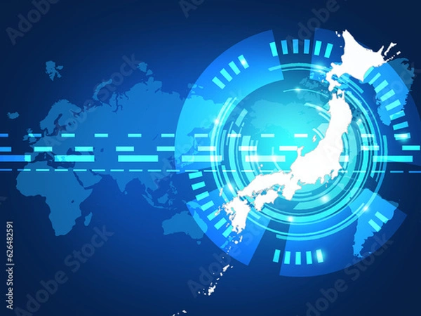 Obraz ブルーを背景に電子回路と日本地図と世界地図