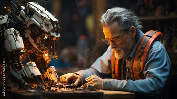Fototapeta A wide picture of a modern robot helping a man in repairing