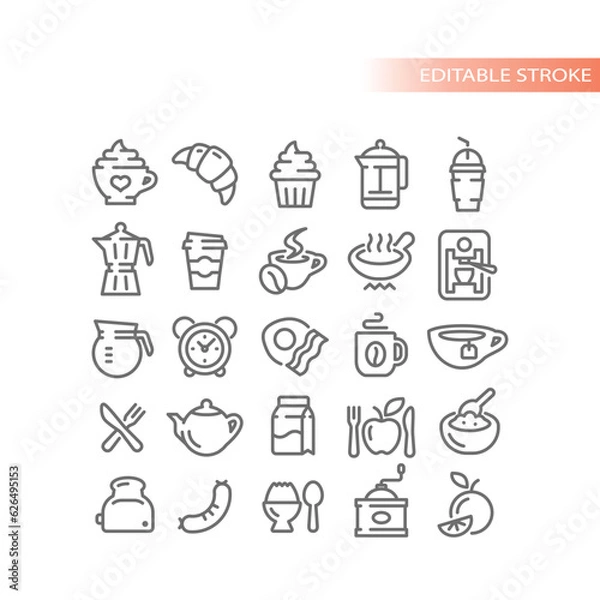 Fototapeta Breakfast and coffee line vector icons. Cup, croissant, eggs and bacon outline icon set.