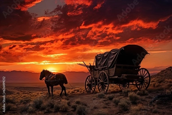 Fototapeta A horse and wagon on a trail in the old West. Great for stories on cowboy movies, Old West, frontier spirit, pioneers, gold rush and more. 