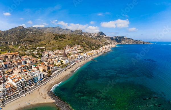 Obraz View with Giardini Naxos and Taormina, Sicily. Beach and sea in summer