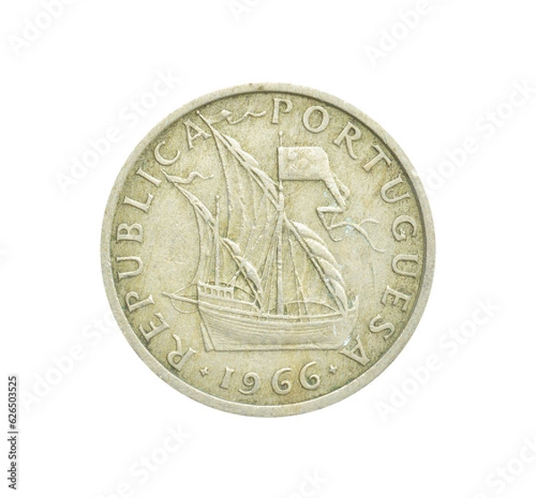 Fototapeta Obverse of 5 escudos coin made by Portugal, that shows Caravel