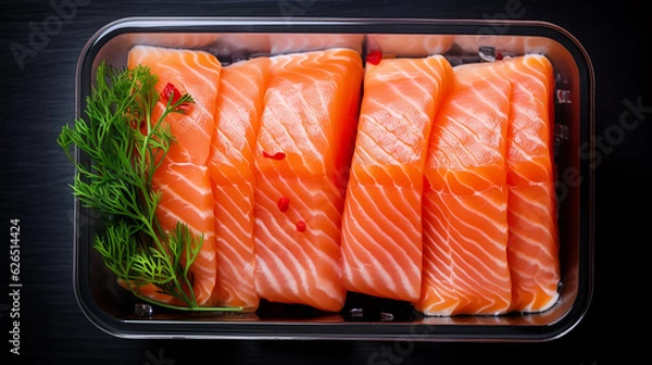 Fototapeta salmon in a plastic container on a black background.