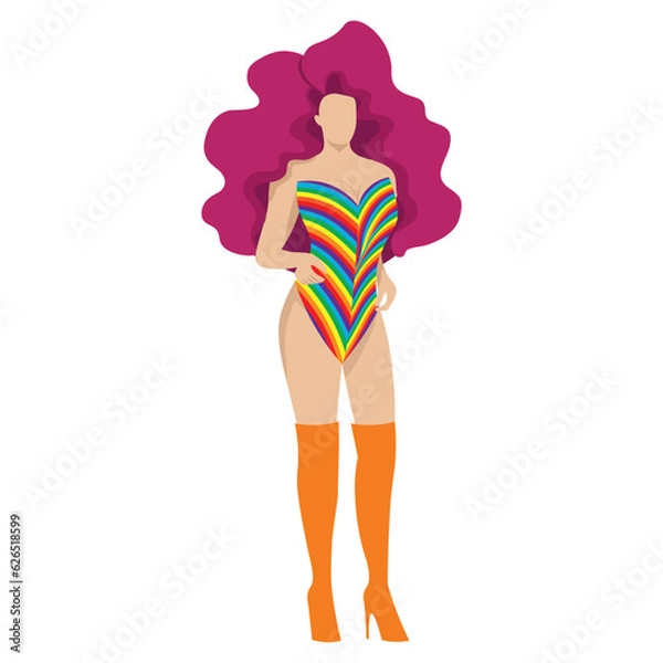 Obraz A confident drag queen in rainbow leotard with dark pink wig and orange shoes for LGBTQ+ concept and for equality and diversity supporting. Vector illustration flat charactor on white background