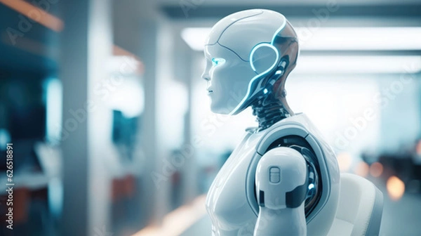 Fototapeta Robot analyzing data with AI virtual environment 