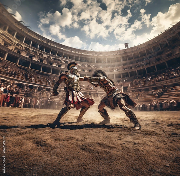 Obraz Spartacus and Gladiator fight in the Arena of the Colosseum, ai art