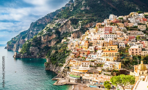 Fototapeta Close view of Positano, houses enclave in the hills.