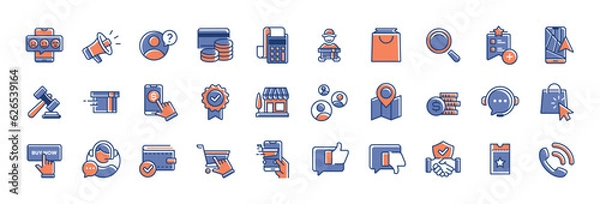 Fototapeta E-commerce icon set vector. Online store business icon collection, delivery, shopping, payment, money, feedback, marketing, assistance, and more. commerce finance shop illustration design