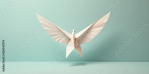 Obraz Minimalist representation of a dove, symbolizing peace and charity, constructed from origami folds, on a pastel - colored background, peaceful and serene