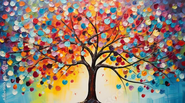Obraz Abstract impression of volunteering, colorful fingerprints forming a tree, representing growth and unity in a community, on a canvas, painted with acrylics