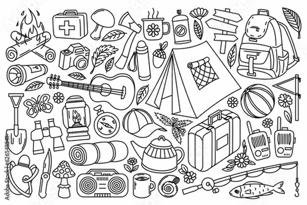 Fototapeta Camping line art illustration set. Collection of camping doodle illustrations with black thin line. Summer holydays, vacation, travel, picnic, tour drawings, line art vector design elements.