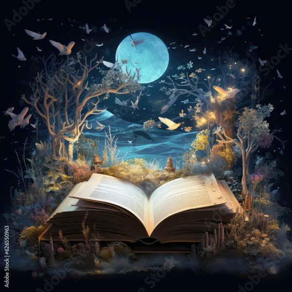 Fototapeta An open book with vibrant illustrations and words - dreamland