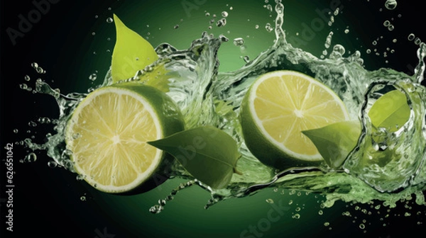 Fototapeta Juicy lime with mint. Splash of mojito with lime and mint. Refreshing lime in splashes of water. Juicy citruses creative vector illustration. Juicy fruits, lemonade and lemon juice. Water drops.