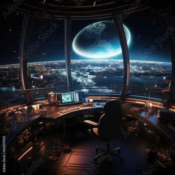 Fototapeta An astronauts home office in a space station - deep space