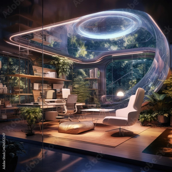 Fototapeta A zero-gravity home office with floating furniture - futuristic home office