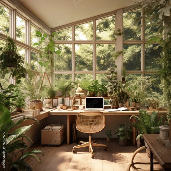Fototapeta A verdant biophilic home office with integrated plants - productive day