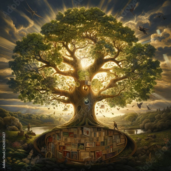 Fototapeta A towering tree with leaves made of different educational themes - powerful