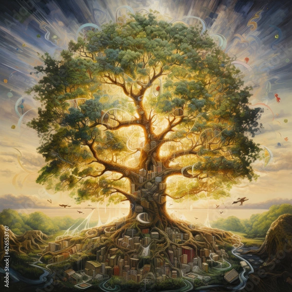 Fototapeta A towering tree with leaves made of different educational themes - peaceful