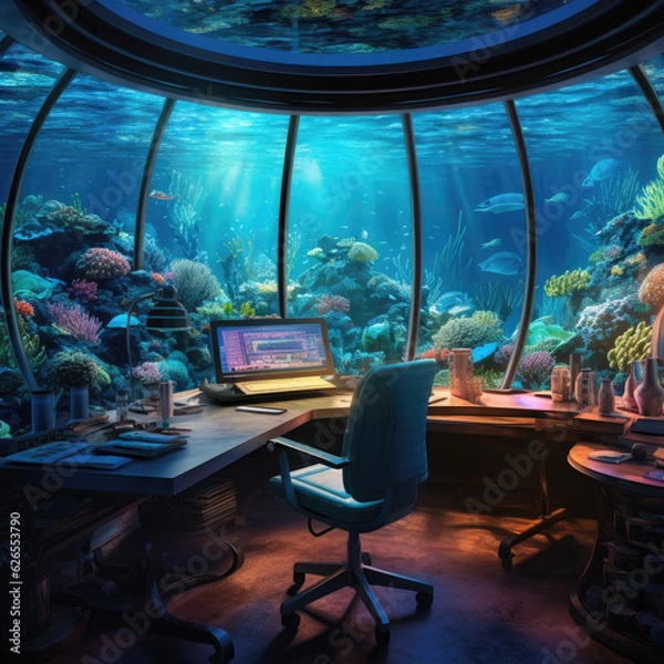 Fototapeta A submerged home office with a panoramic view of an underwater scenery - underwater office