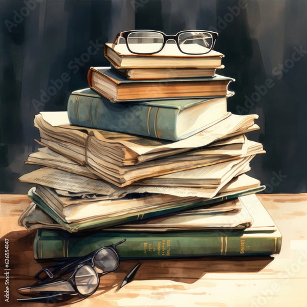 Fototapeta A stack of well-worn books with a pair of glasses - inspirational