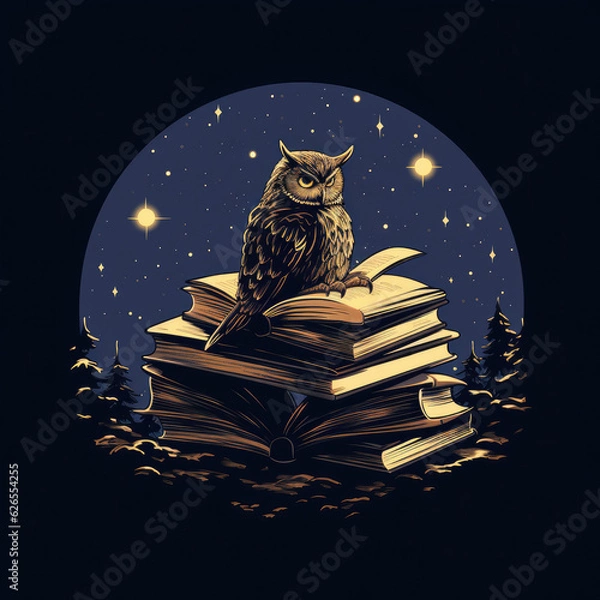Fototapeta A silhouette of a wise owl perched on a pile of books - knowledge