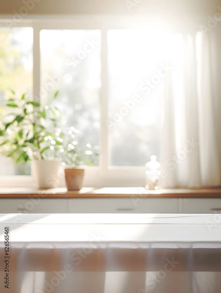 Fototapeta Empty wooden tabletop with blurred kitchen background with windows 