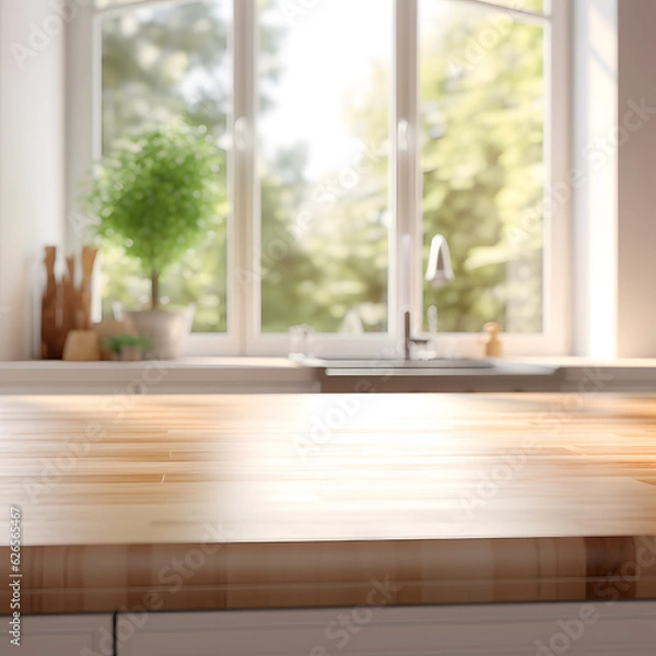 Fototapeta Empty wooden tabletop with blurred kitchen background with windows 
