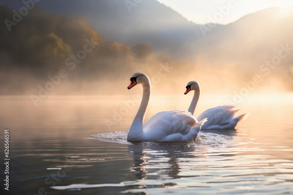 Obraz Two beautiful white swans swim on a mountain lake on a foggy morning at dawn.