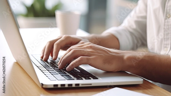 Fototapeta Male hands typing on computer keyboard closeup, business man or student using laptop at home, online learning, internet marketing, working from home, office workplace, freelance concept, Generative Ai