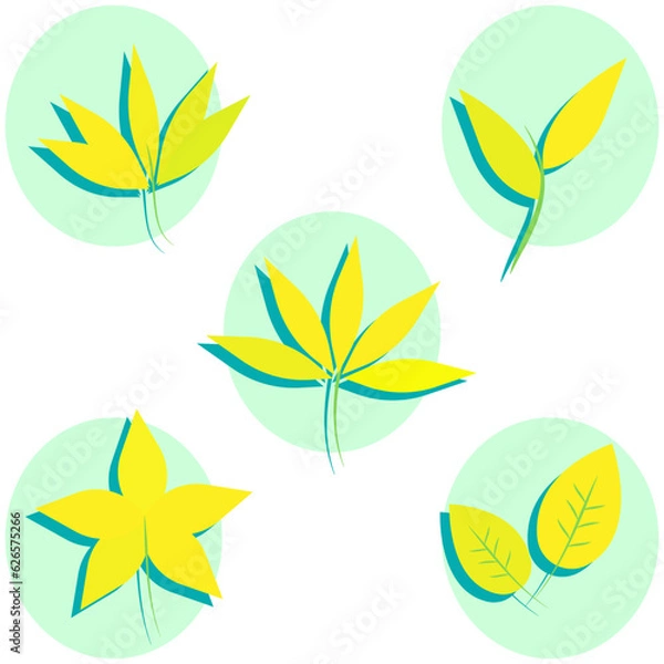 Obraz Yellow leaves autumn fall icon set isolated on white background. Simple leaves of trees and plants. For eco and bio logos. Flat vector illustration