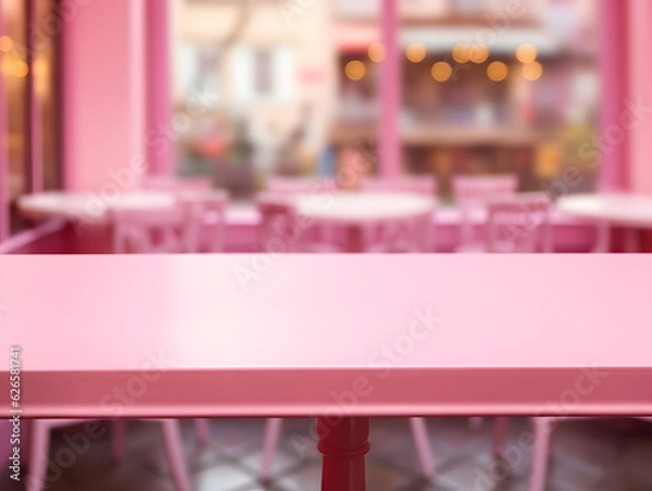 Fototapeta Empty pink table for product showcase with blurred cafe background and natural light