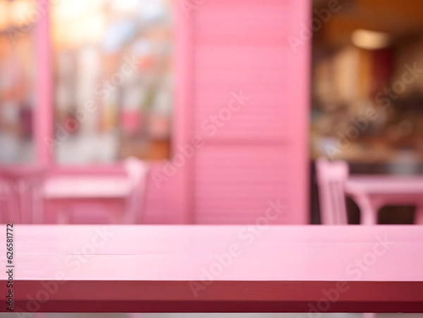Fototapeta Empty light pink wooden table for product display with blurred cafe background and natural light
