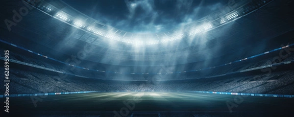 Obraz Sport football stadium ar arena in night with green grass, vivid spotlights ,
