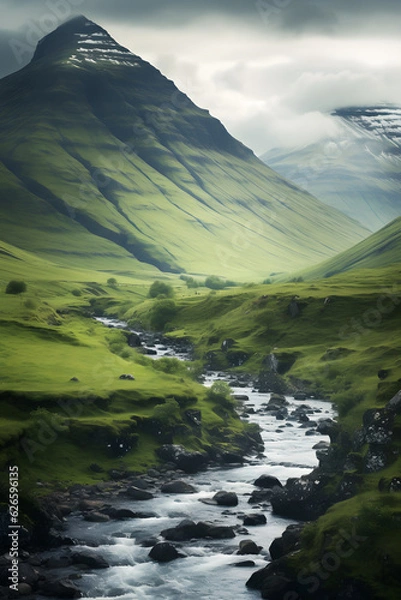 Fototapeta Mountain Stream Flowing through Green Valley with Rocky Slopes and Snow Capped Peaks under Moody Sky