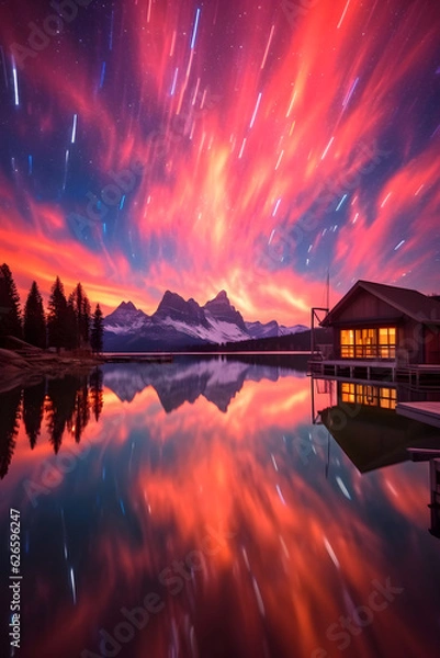 Fototapeta Vibrant Night Sky with Colorful Clouds Star Trails Reflected in Lake Beside Cabin and Mountain Range