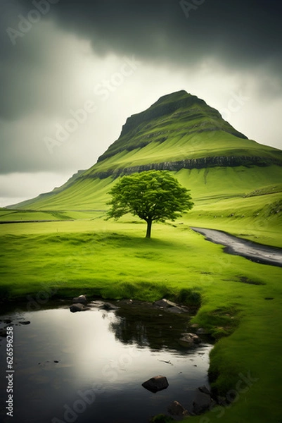 Fototapeta Moody Icelandic Mountain Landscape with Lone Tree Reflecting in Pond under Dark Stormy Sky