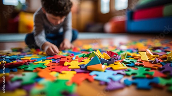 Fototapeta child on the floor collects colorful puzzles autism spectrum disorder generative ai