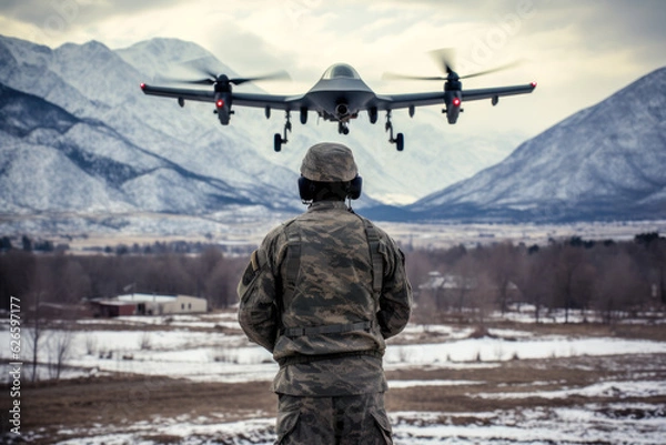 Fototapeta military man undergoing training drone control unmanned aerial vehicle generative ai